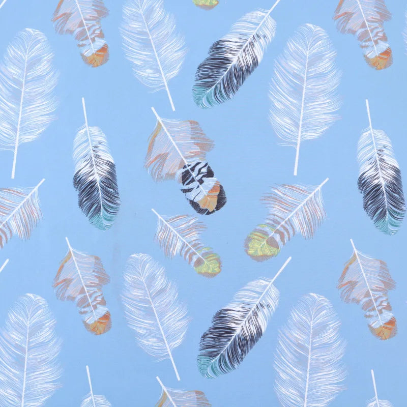 Longan Craft’s Floral Animal Printed Microfiber Peachskin Fabric By The Yard features a repeating multicolor feather pattern on soft polyester peachskin—ideal for dresses and decorative projects.