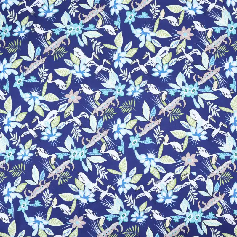 Longan Craft’s Floral Animal Printed Microfiber Peachskin Fabric by the yard features whimsical blue and white flowers, green leaves, and birds on a dark blue background with a watercolor look—ideal for dresses. Multicolor polyester, soft peachskin texture.