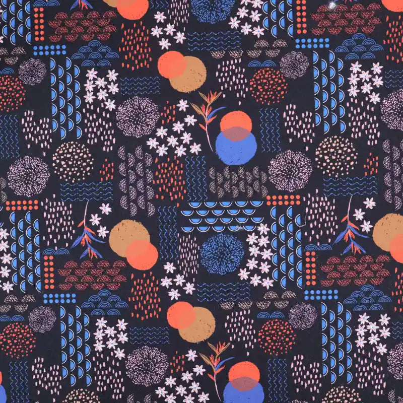 Longan Craft’s Floral Animal Printed Microfiber Peachskin Fabric By The Yard features bold blue, red, orange, and pink abstract motifs—dots, waves, circles & leaves—on a dark background; ideal multicolor fabric for dresses and vibrant peachskin creations.