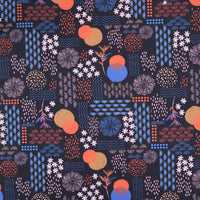 Longan Craft’s Floral Animal Printed Microfiber Peachskin Fabric By The Yard features bold blue, red, orange, and pink abstract motifs—dots, waves, circles & leaves—on a dark background; ideal multicolor fabric for dresses and vibrant peachskin creations.