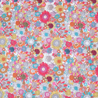 The Longan Craft Floral Animal Printed Microfiber Peachskin Fabric features a lively mix of hand-drawn pink, yellow, blue, orange, and red flowers and leaves on white. This multicolor polyester fabric is perfect for dresses.