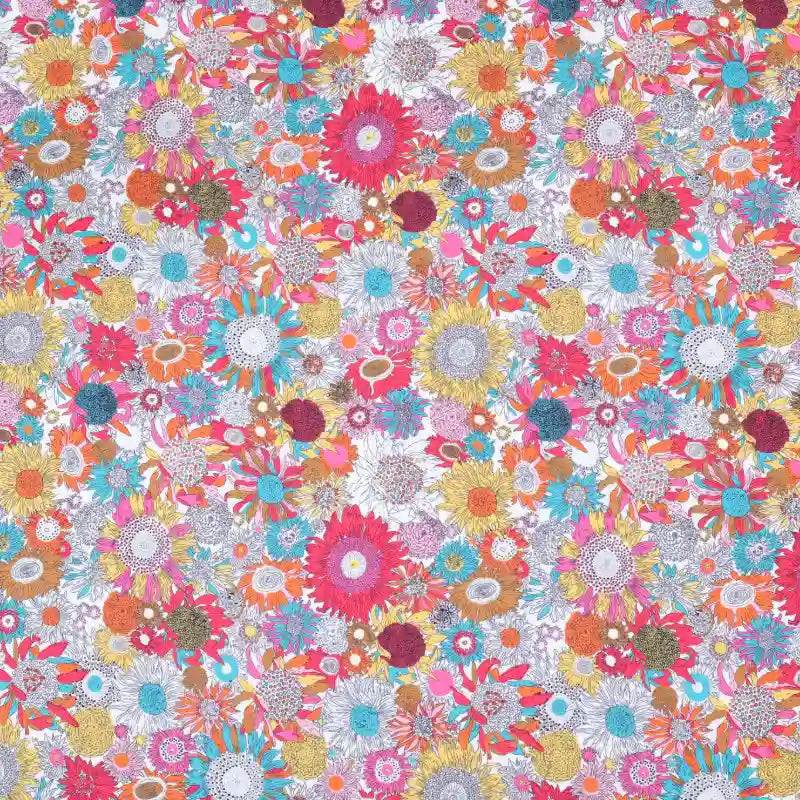 The Longan Craft Floral Animal Printed Microfiber Peachskin Fabric features a lively mix of hand-drawn pink, yellow, blue, orange, and red flowers and leaves on white. This multicolor polyester fabric is perfect for dresses.