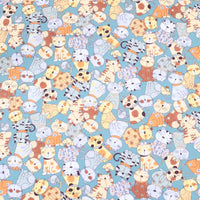 Longan Craft’s Floral Animal Printed Microfiber Peachskin Fabric By The Yard showcases playful cartoon cats and tigers with colorful stripes on a light blue background—ideal polyester peachskin material for dresses and creative projects.