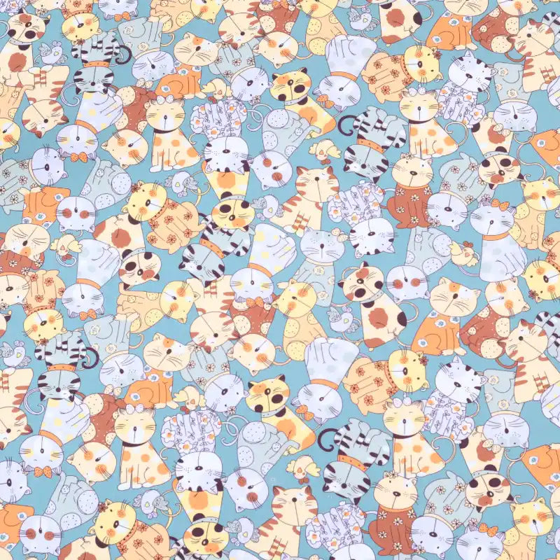 Longan Craft’s Floral Animal Printed Microfiber Peachskin Fabric By The Yard showcases playful cartoon cats and tigers with colorful stripes on a light blue background—ideal polyester peachskin material for dresses and creative projects.