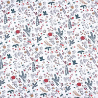Longan Craft’s Floral Animal Printed Microfiber Peachskin Fabric features colorful hand-drawn flowers, leaves, and berries on white polyester—ideal for whimsical, botanical dresses. Sold by the yard.