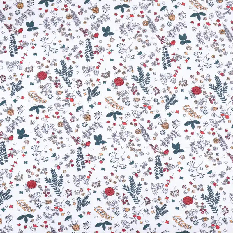 Longan Craft’s Floral Animal Printed Microfiber Peachskin Fabric features colorful hand-drawn flowers, leaves, and berries on white polyester—ideal for whimsical, botanical dresses. Sold by the yard.
