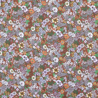 The Longan Craft Floral Animal Printed Microfiber Peachskin Fabric features a colorful multicolor floral pattern with small white, purple, orange, and yellow flowers plus green leaves on a brown background—ideal for dresses.