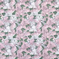 Floral Animal Printed Microfiber Peachskin Fabric by Longan Craft features white cockatoos with pink crests, peonies, and green leaves on a vibrant multicolor polyester—perfect for dresses and creative projects.