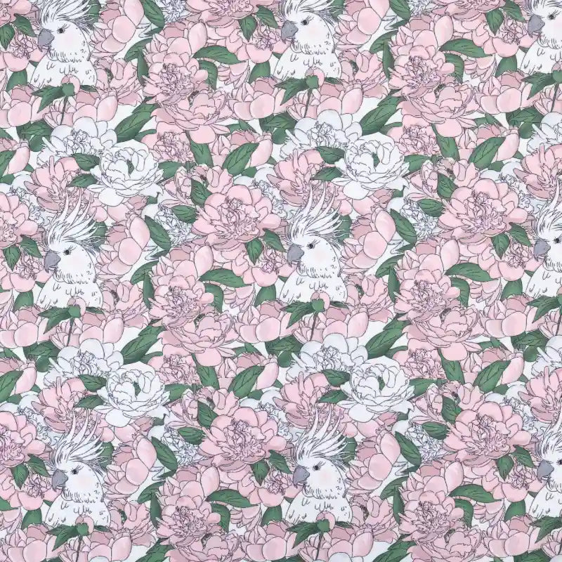 Floral Animal Printed Microfiber Peachskin Fabric by Longan Craft features white cockatoos with pink crests, peonies, and green leaves on a vibrant multicolor polyester—perfect for dresses and creative projects.