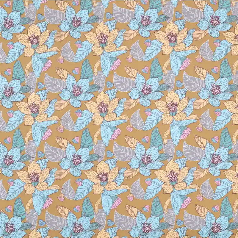 Longan Craft's Floral Animal Printed Microfiber Peachskin Fabric by the yard features hand-drawn blue, yellow, and purple flowers with leaves on a light brown background—ideal multicolor polyester for dresses and decorative projects.