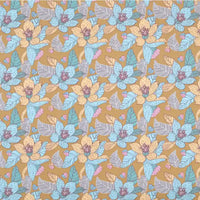 Longan Craft's Floral Animal Printed Microfiber Peachskin Fabric by the yard features hand-drawn blue, yellow, and purple flowers with leaves on a light brown background—ideal multicolor polyester for dresses and decorative projects.