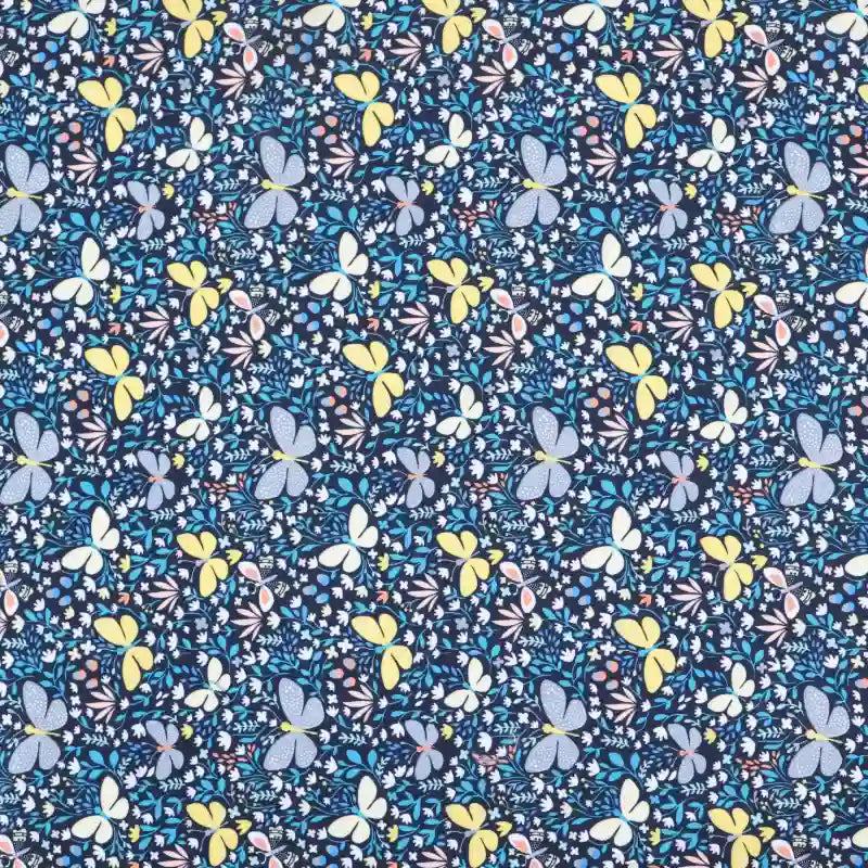 Longan Craft's Floral Animal Printed Microfiber Peachskin Fabric By The Yard features a multicolor butterfly and foliage design on dark blue. This polyester peachskin material is perfect for dresses and craft projects.