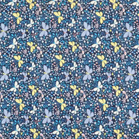 Longan Craft's Floral Animal Printed Microfiber Peachskin Fabric By The Yard features a multicolor butterfly and foliage design on dark blue. This polyester peachskin material is perfect for dresses and craft projects.