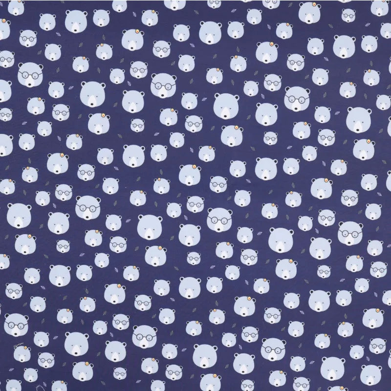 Longan Craft’s Floral Animal Printed Microfiber Peachskin Fabric features a dark blue base with evenly spaced white bear faces—some in round glasses, others without—showcasing varied expressions. Multicolor polyester, ideal for dresses.