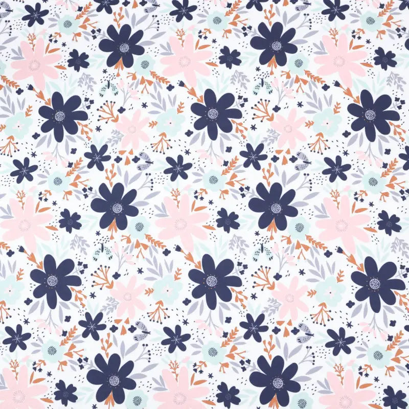 Longan Craft's Floral Animal Printed Microfiber Peachskin Fabric By The Yard features a multicolor pattern of large navy and pink flowers, mint green blooms, orange accents, and delicate branches on white—ideal polyester material for dresses.