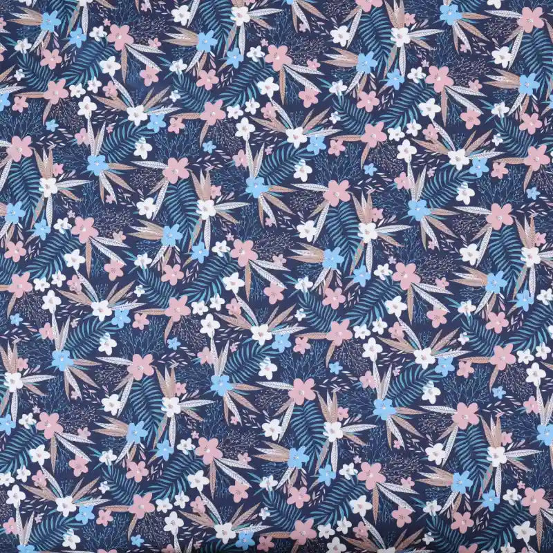 Longan Craft's Floral Animal Printed Microfiber Peachskin Fabric features clusters of pink, blue, and white flowers with green leaves on a dark blue background—soft multicolor peachskin ideal for dresses.