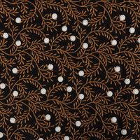 Longan craft’s Flower Embroidered Linen Fabric By The Yard features black linen adorned with brown leafy vines and white floral embroidery, offering a delicate, breathable texture—ideal sewing fabric for dresses.