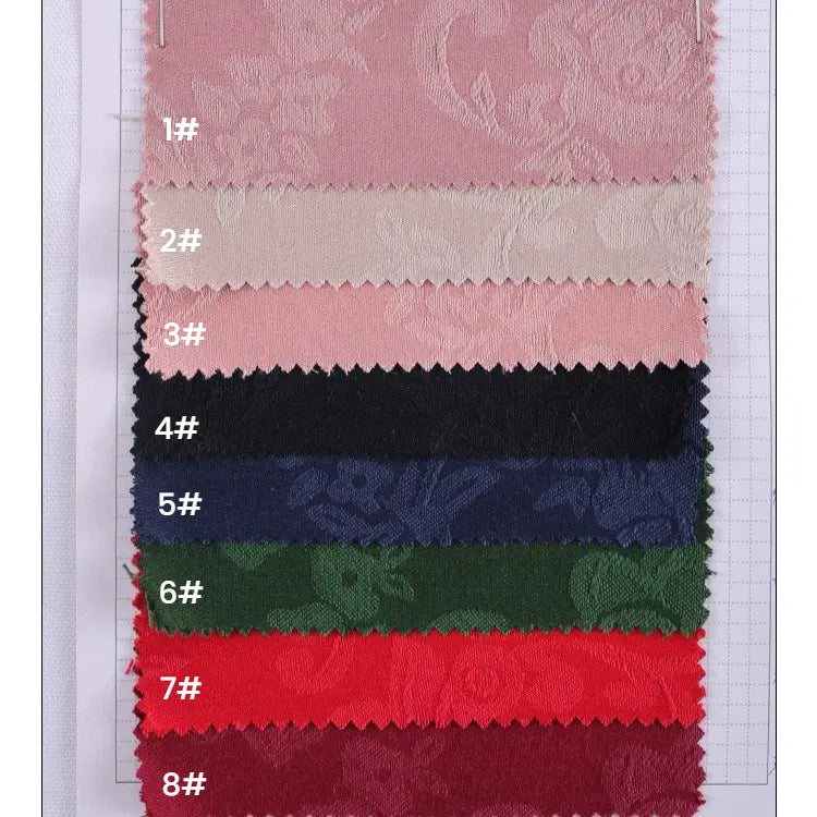 Eight rectangular swatches labeled 1# to 8# feature subtle flower patterns in shades from light pink and beige to dark green, black, and deep red. Made by Longan Craft, this cotton Chinoiserie jacquard damask fabric is perfect for tablecloths.