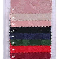 Eight rectangular swatches labeled 1# to 8# feature subtle flower patterns in shades from light pink and beige to dark green, black, and deep red. Made by Longan Craft, this cotton Chinoiserie jacquard damask fabric is perfect for tablecloths.