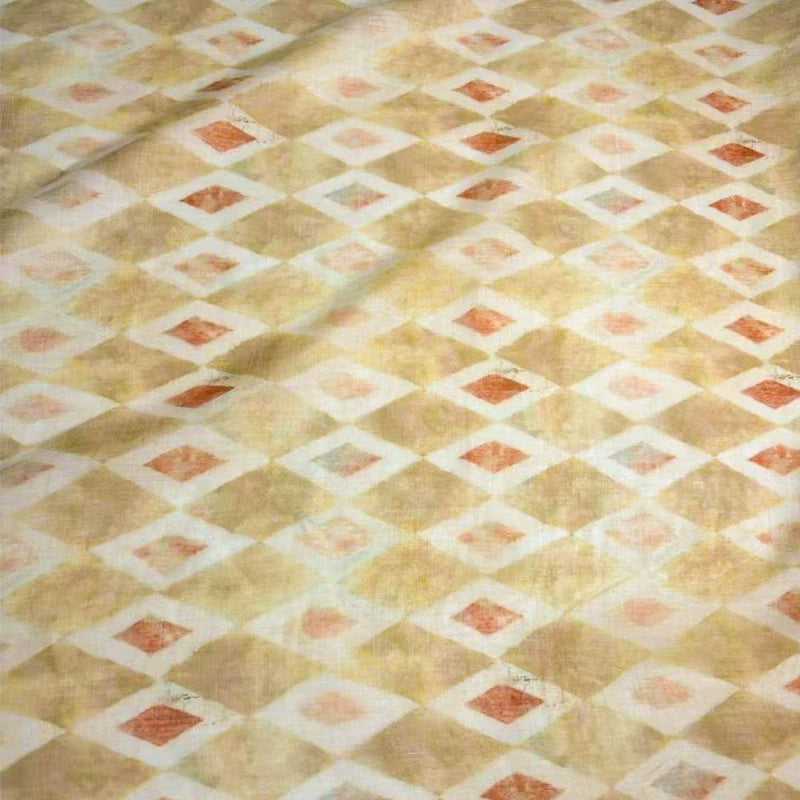 The Geometric Printed Ramie Fabric By The Yard from Longan Craft features a vintage-inspired geometric diamond pattern in soft beige, cream, and subtle orange tones. Its slightly wrinkled ramie texture adds to its nostalgic charm, making it an ideal choice for DIY summer dresses and apparel with timeless appeal.