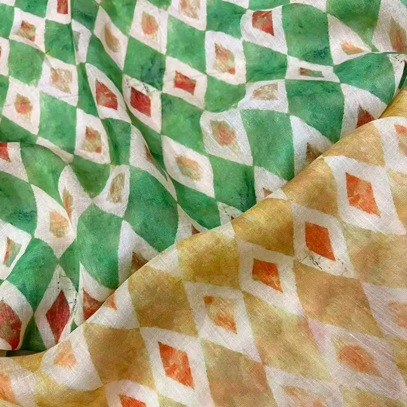 Discover the Geometric Printed Ramie Fabric By The Yard from Longan Craft, featuring a vintage geometric diamond pattern in green, orange, and yellow hues. With a hand-painted watercolor effect and softly blended, overlapping colors, this breathable ramie fabric is ideal for DIY summer dresses and unique apparel creations.
