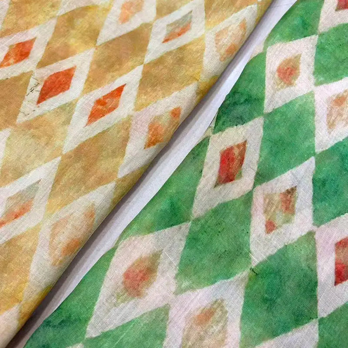 Two pieces of the Geometric Printed Ramie Fabric by Longan Craft: one in vibrant shades of orange and yellow, the other in refreshing green tones. Each features white diamond outlines and softly blended, watercolor-style colors—a perfect vintage-inspired choice for unique DIY summer dresses and apparel.