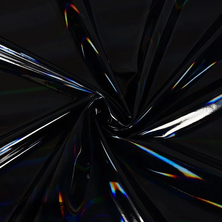 Longan Craft Glossy Stretch Vinyl Fabric by the yard features shiny black PU material with twisted folds and subtle rainbow reflections—perfect for making jackets.