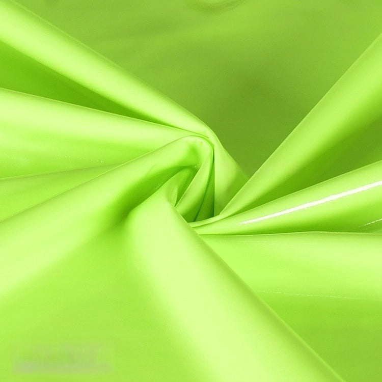 Longan Craft's Glossy Stretch Vinyl Fabric by the yard is a shiny lime green PU vinyl, ideal for jackets. Its glossy finish creates soft, flowing wrinkles and highlights when gathered or folded.