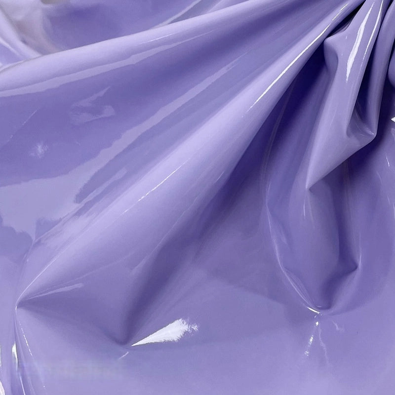Longan Craft’s Glossy Stretch Vinyl Fabric By The Yard features a shiny lavender PU surface with smooth folds and a mirror-like finish, making it an ideal solid color material for crafting stylish jackets.