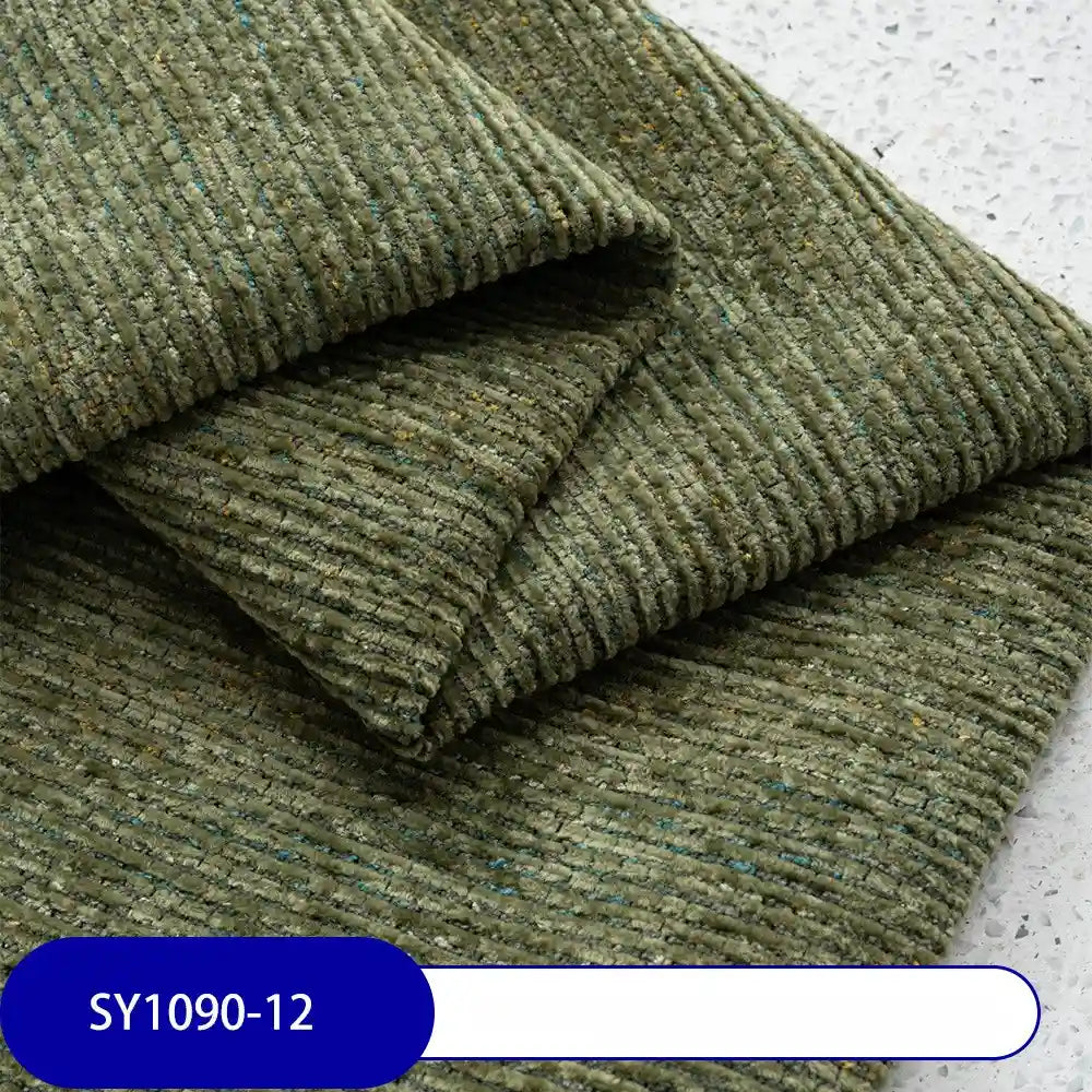 Heavy Weight Slub Chenille Fabric by Longan Craft, shown in green with ribbed texture and blue SY1090-12 label, offers thick premium polyester ideal for stylish upholstery. Available by the yard for versatile décor projects.
