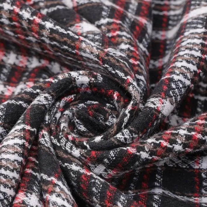 Close-up of Longan Craft Heavyweight Cotton Checked Flannel Fabric By The Yard, featuring black, white, red, and brown stripes in a spiral arrangement to showcase the texture and detailed pattern of this polyester brushed mammoth flannel—perfect for vintage fall and winter clothing projects.