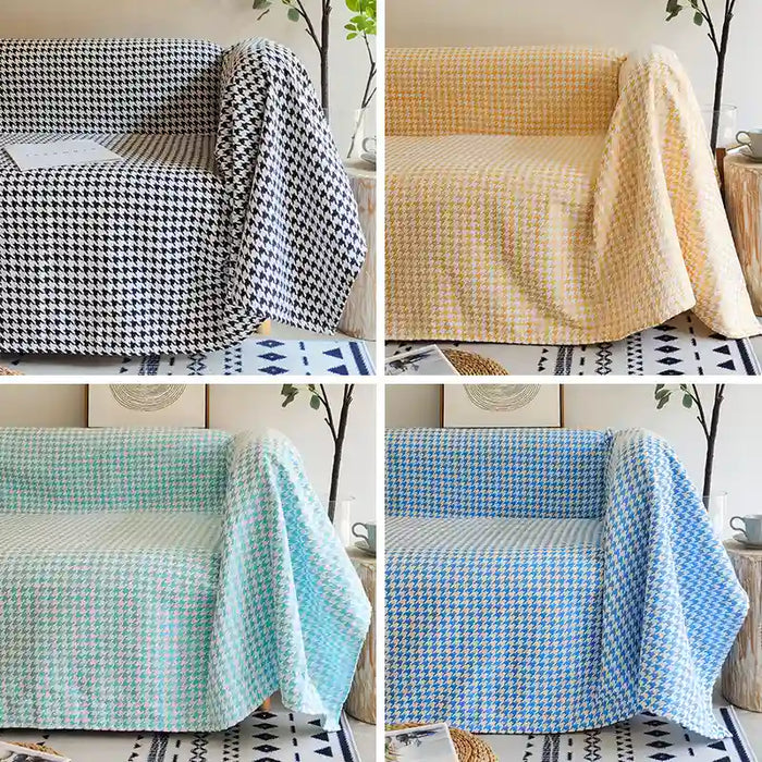 Four images show the same couch with Longan Craft Houndstooth Chenille Fabric By The Yard throws in black/white, yellow/white, green/white, and blue/white—adding a cozy vintage touch to the inviting living room.