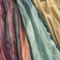 Experience the vibrant elegance of Longan Craft’s Irregular Stripe Printed Ramie Fabric by the yard—a lightweight, breathable ramie material ideal for dressmaking. This sheer fabric features irregular vertical stripes in an array of purple, pink, green, blue, yellow, and orange hues. Soft natural lighting beautifully highlights its graceful folds and airy texture.