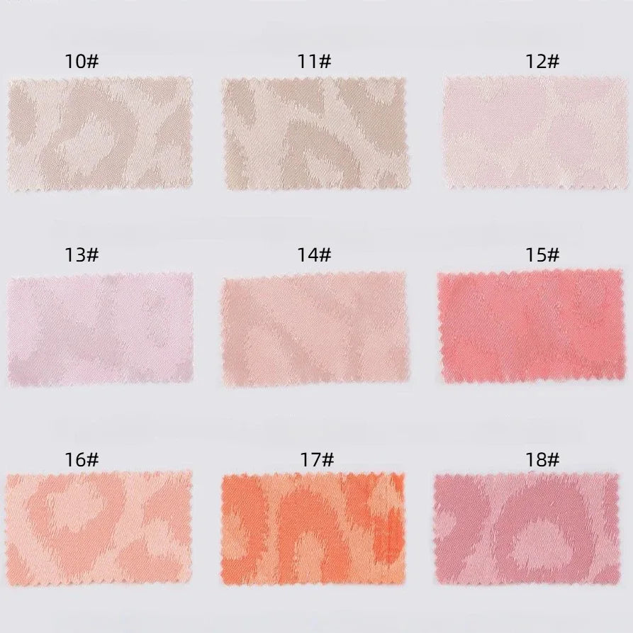 Nine rectangular swatches of Longan Craft's Leopard Jacquard Satin Fabric by the yard, labeled 10#–18#, display pastel hues from beige and pink to coral, arranged in three rows to show subtle multicolor animal patterns.