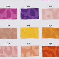 Twelve Longan Craft Leopard Jacquard Satin Fabric swatches (40#–48#) show pink, purple, yellow, orange, and beige shades in three rows. Each satin polyester piece features a subtle multicolor leopard print pattern.