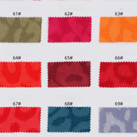 A sample card displays nine rectangular swatches (61#–69#) in various colors like olive green, pink, orange, and lavender. Each features a subtle animal jacquard pattern from Longan Craft's Leopard Jacquard Satin Fabric By The Yard.