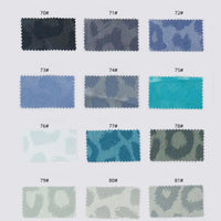 Fifteen Longan Craft Leopard Jacquard Satin fabric swatches, labeled 70#–81#, are displayed in blue, gray, teal, and white solid colors and leopard prints—ideal polyester satin textile for DIY shirts.