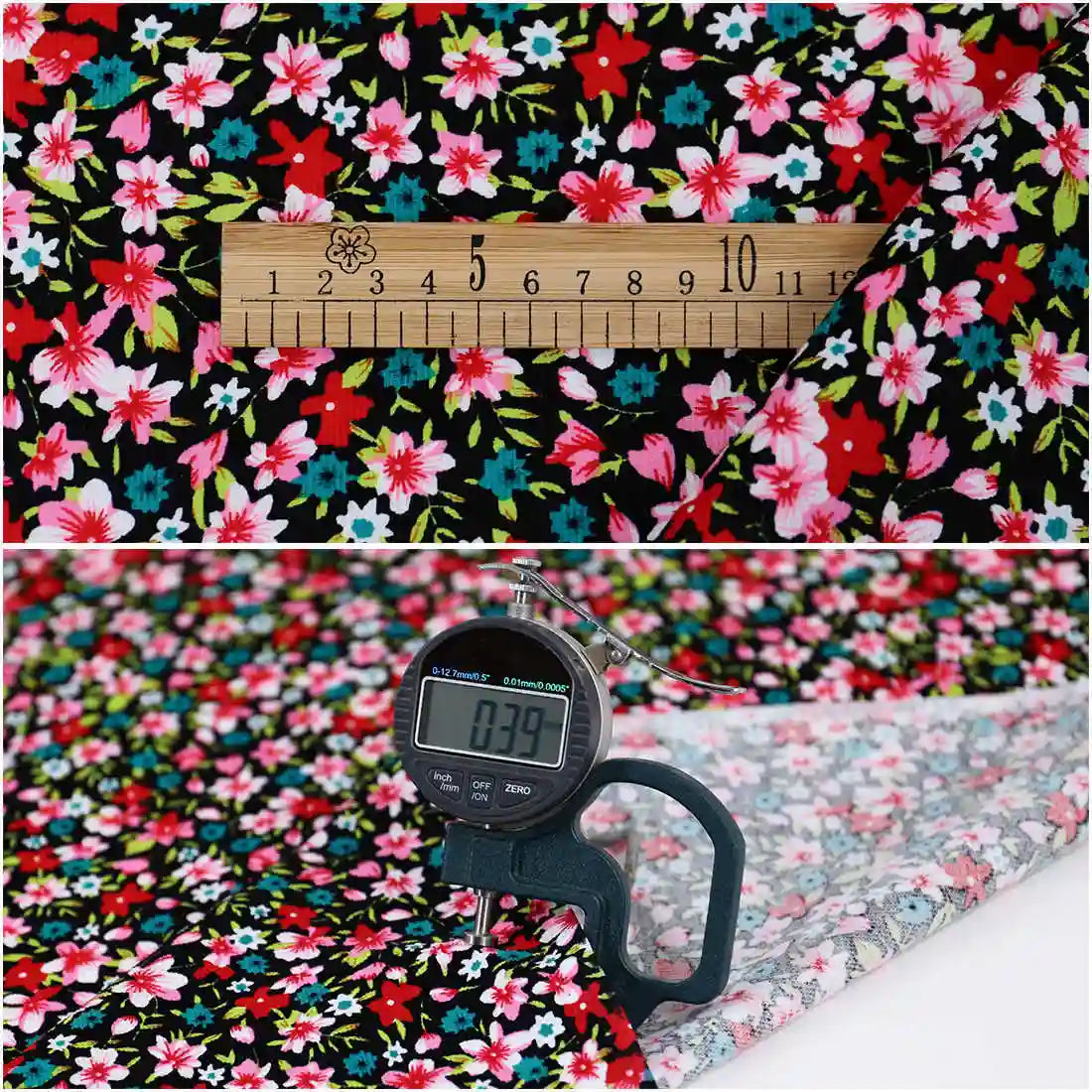 Two images of Longan Craft’s Lily Printed Cotton Corduroy Fabric: the first shows a ruler for scale; the second displays a digital caliper measuring this fine wale floral fabric’s thickness at 0.39 mm.