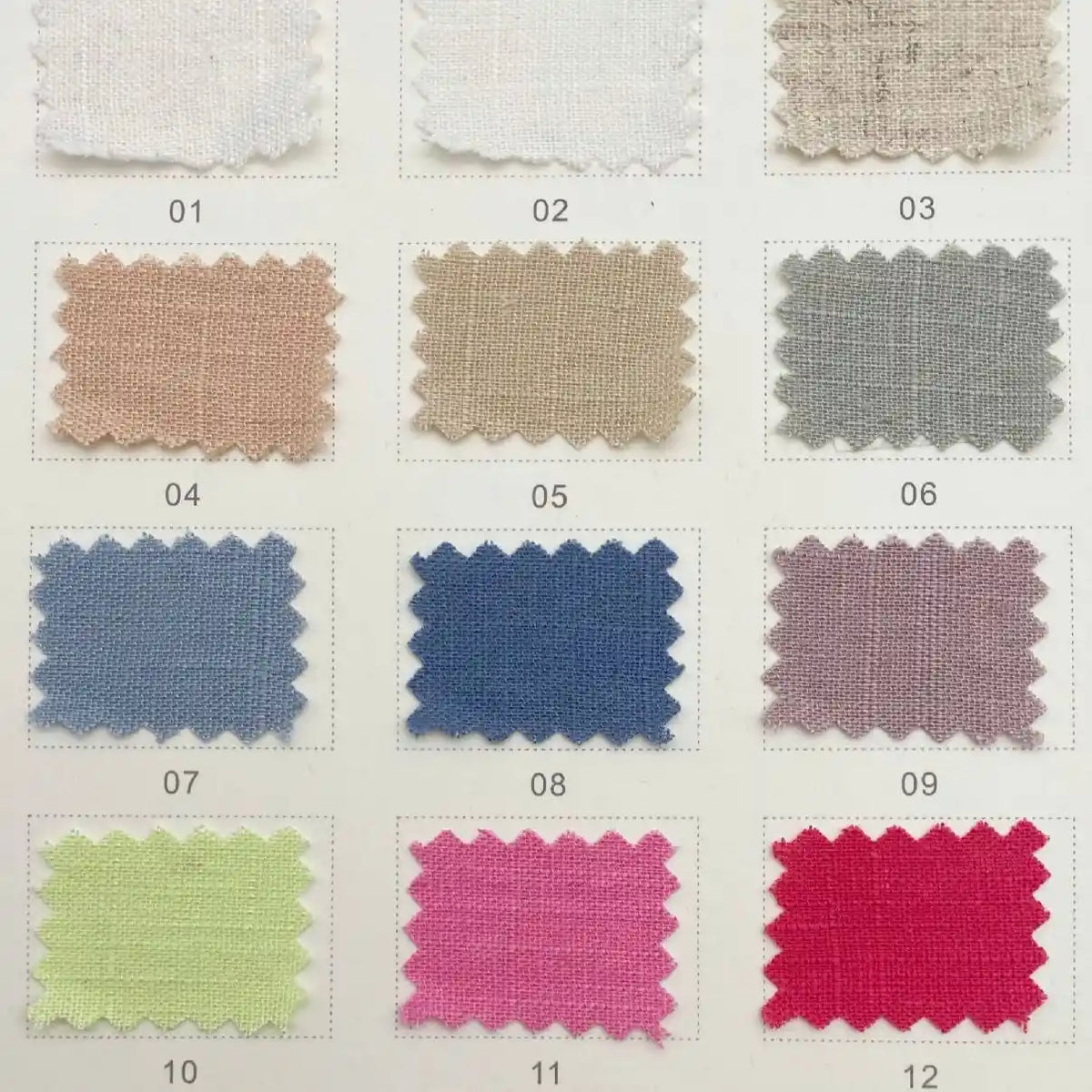 A grid of twelve multicolor Longan Craft Linen and Viscose Fabric By The Yard samples, each labeled 01–12 with zigzag edges, shows breathable viscose cellulose ideal for summer in shades like white, blue, and pink.