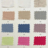 A grid of twelve multicolor Longan Craft Linen and Viscose Fabric By The Yard samples, each labeled 01–12 with zigzag edges, shows breathable viscose cellulose ideal for summer in shades like white, blue, and pink.