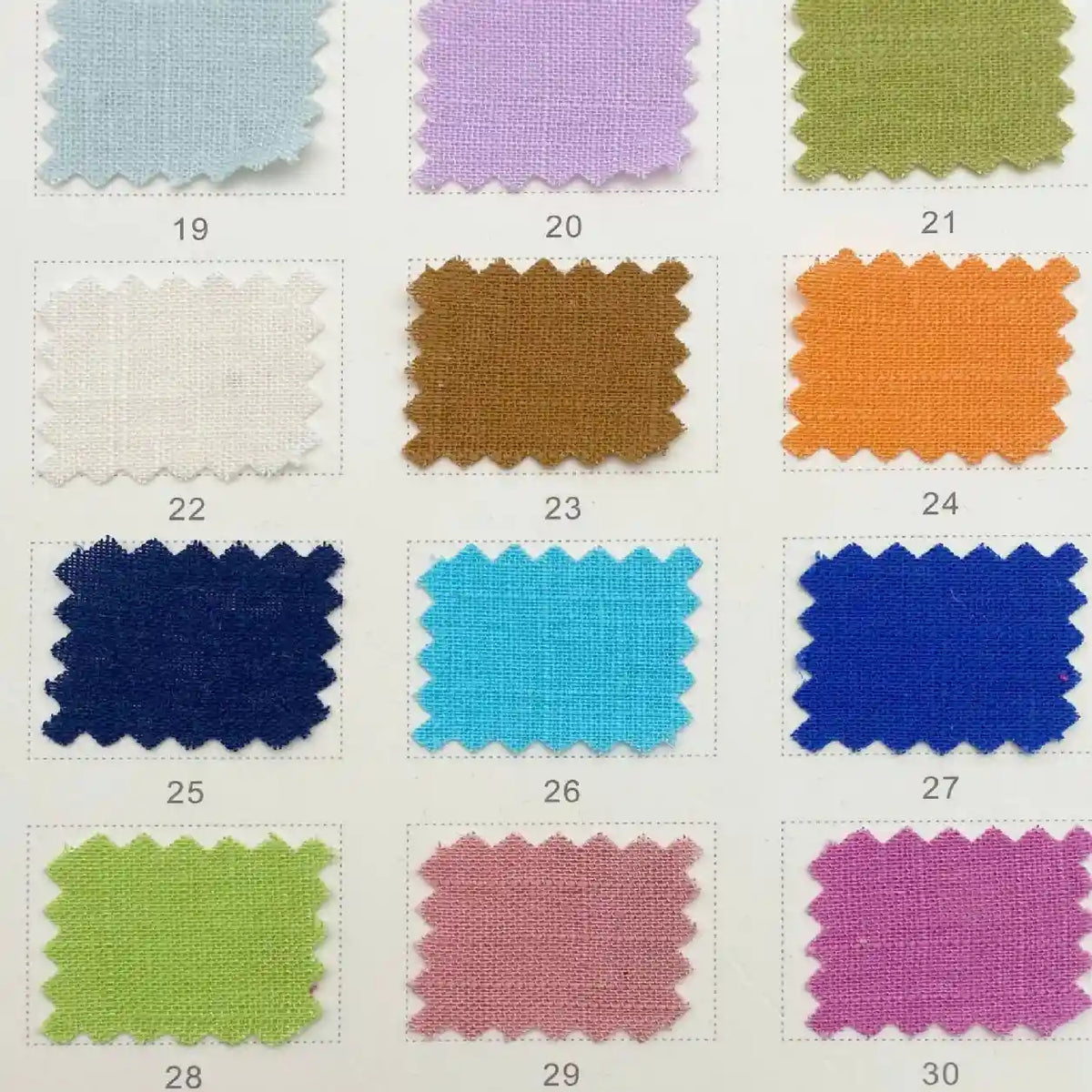 A grid of 12 Longan Craft Linen and Viscose Fabric swatches (numbers 19–30) in multicolor shades—ideal, breathable material for summer projects. Explore this lightweight Multicolor Viscose Cellulose Fabric by the yard.