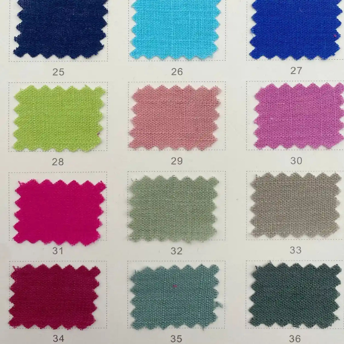 A grid of nine Longan Craft Linen and Viscose Fabric swatches (25-36) in blue, green, pink, gray, and beige shades is shown on a white background. This breathable viscose cellulose material is ideal for summer.