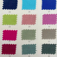 A grid of nine Longan Craft Linen and Viscose Fabric swatches (25-36) in blue, green, pink, gray, and beige shades is shown on a white background. This breathable viscose cellulose material is ideal for summer.