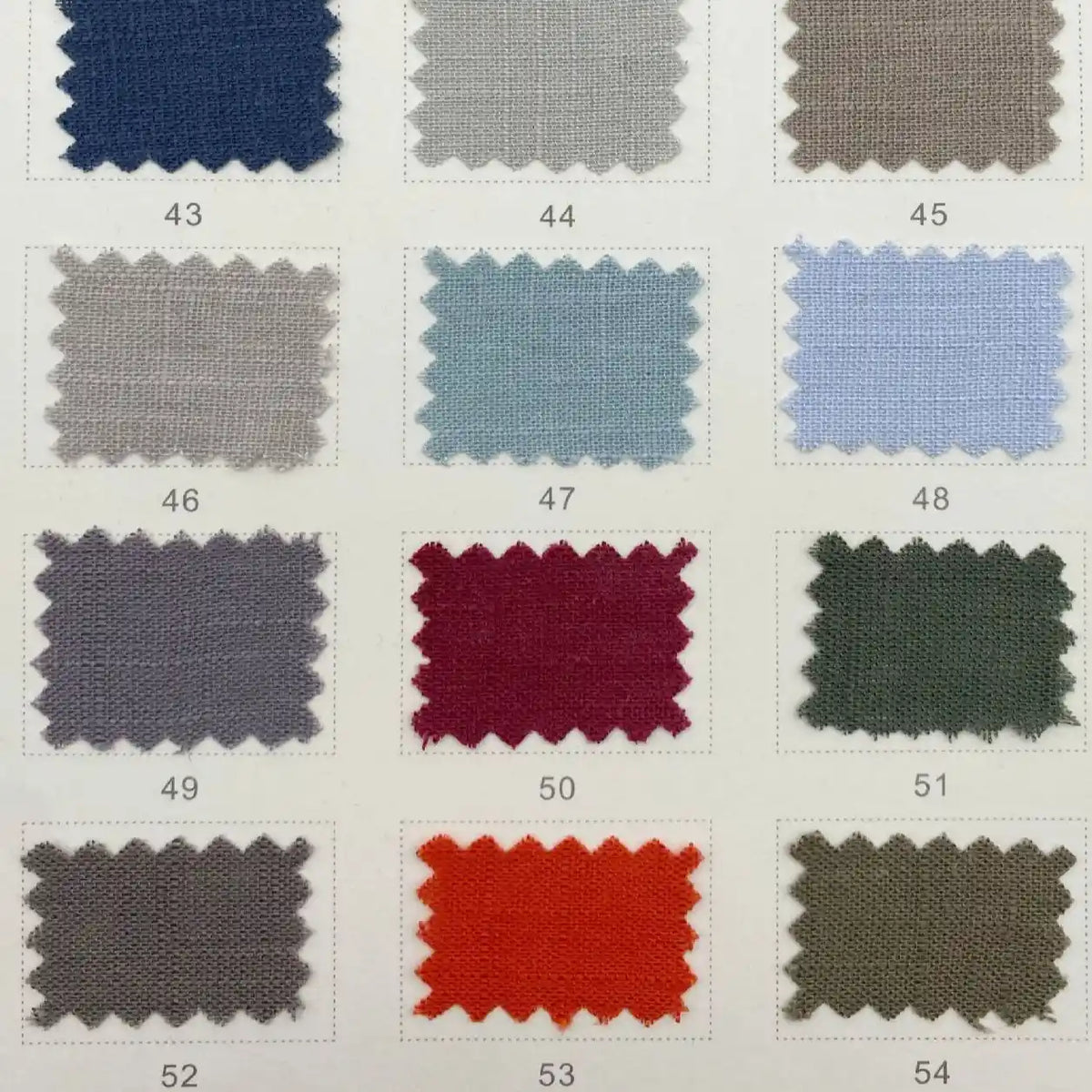 A grid chart showing numbered swatches (#43–53) of Longan Craft's Linen and Viscose Fabric By The Yard. This lightweight, multicolor selection features blue, gray, red, green, orange, and purple—perfect for summer projects.