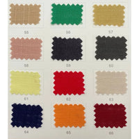The Longan Craft Linen and Viscose Fabric By The Yard color chart displays 12 labeled swatches (55–66) in shades of brown, green, yellow, pink, black, beige, red, navy blue, and orange—ideal viscose for summer.
