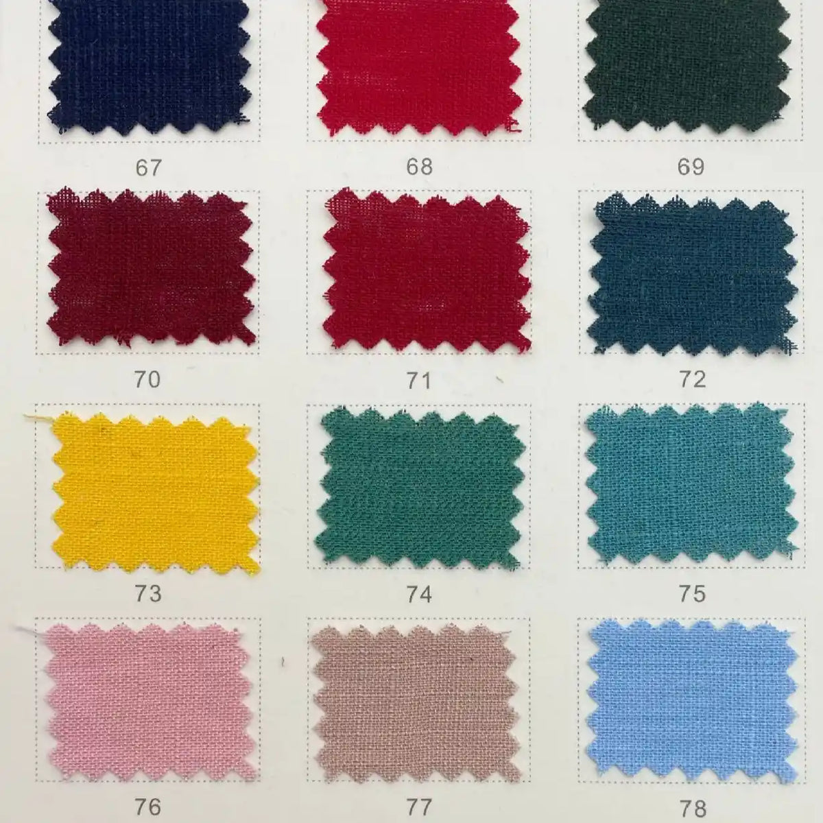 A swatch chart from Longan Craft shows 12 numbered samples (67–78) of lightweight, breathable Linen and Viscose Fabric By The Yard in multicolor options. Perfect for selecting ideal viscose cellulose material for summer projects.