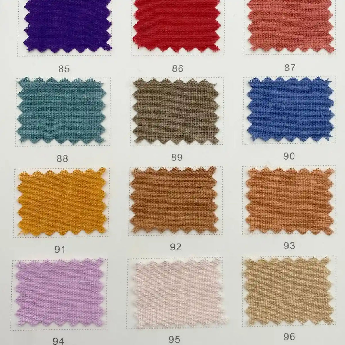 A grid of twelve multicolor swatches, labeled 85–96, displays Longan Craft's breathable Linen and Viscose Fabric By The Yard—perfect for summer projects using versatile viscose cellulose material.