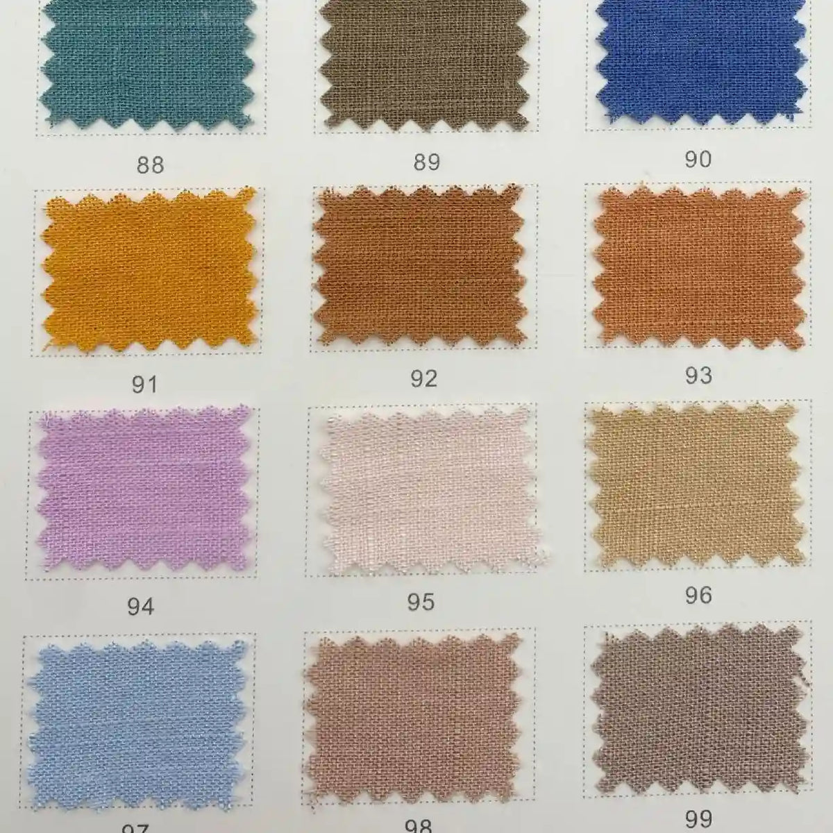 The Longan Craft Linen and Viscose Fabric By The Yard color chart displays 12 numbered swatches (88–99) in multicolor options like blue, brown, orange, and tan—perfect lightweight, breathable viscose material for summer.