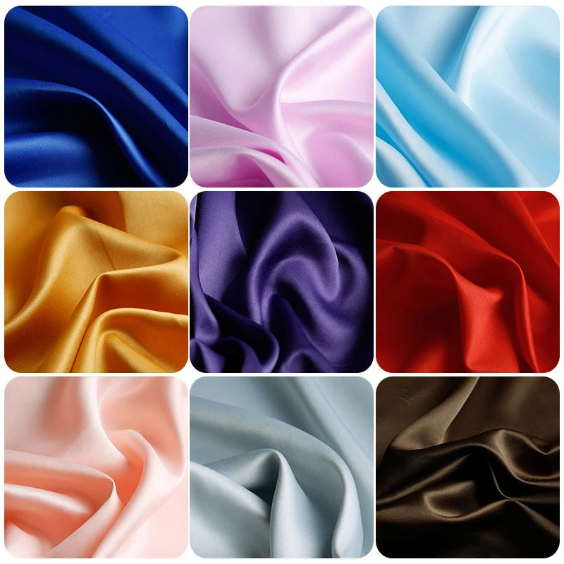 Nine squares show various colors of Longan Craft's Matte Satin Fabric By The Yard, including blue, pink, yellow, purple, red, peach, silver, black, and light blue—all in a soft matte satin texture ideal for comfortable dresses.