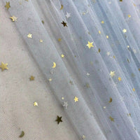 Longan Craft's Moon Star Sequins Tulle Fabric by the Yard features multicolor glitter and celestial motifs, perfect for adding a whimsical touch to stage costumes, dancewear, or evening gowns.